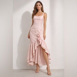 Blush Pink Ruffle Midi Dress Size 10 NWT Open Back Strappy Formal Romantic